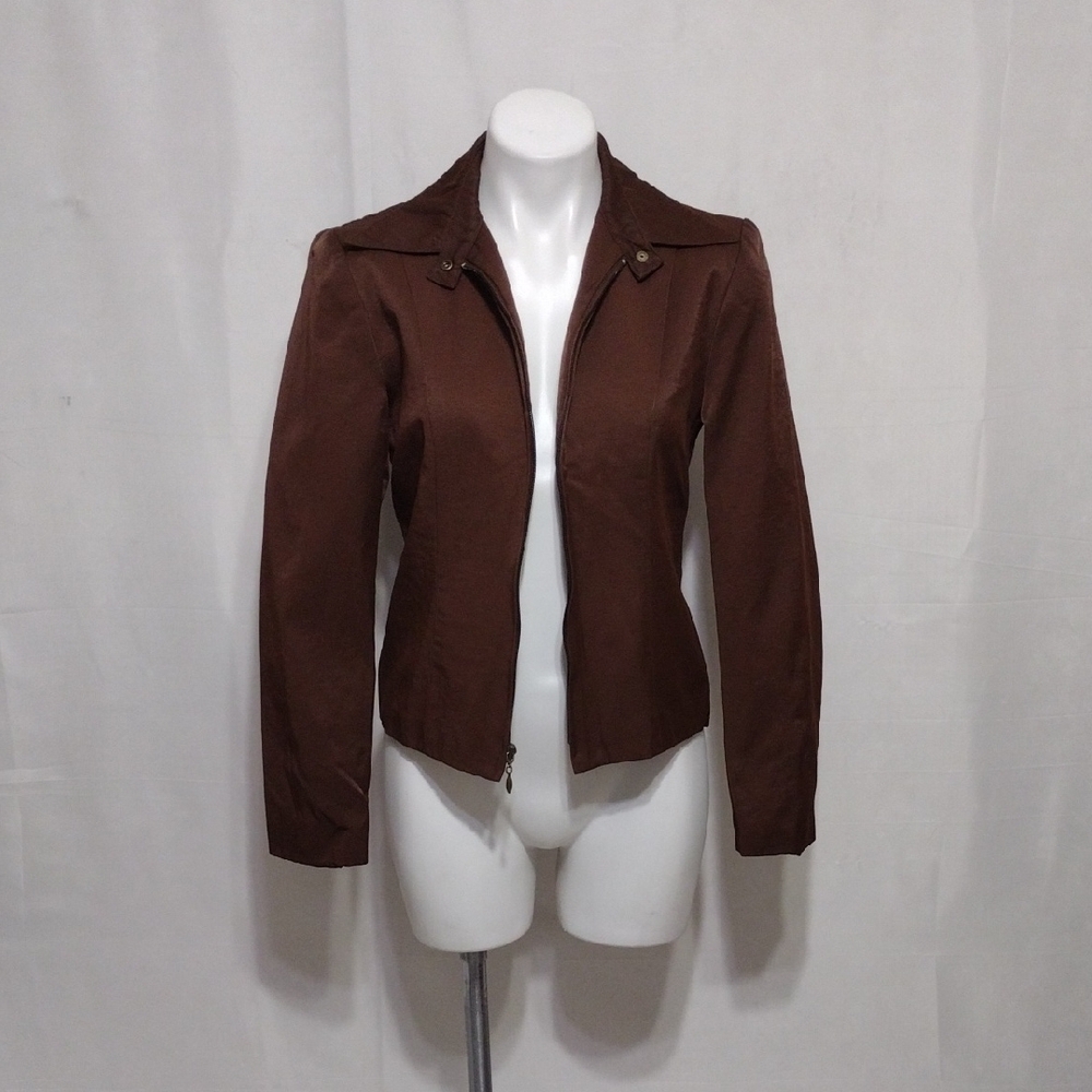 Vintage Express Dark Brown Satin Full Zip Jacket Small USA Made Classic Chic